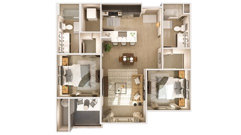 Floor plan for 2 beds, 2 baths, 1038 sqft